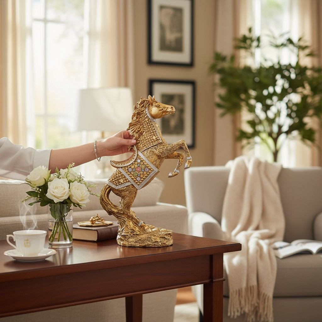 Caballo Decorativo Dorado | Escultura de Caballo en Resina para Decoración Elegante