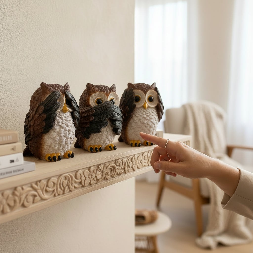 Set de Búhos Sabios Decorativos de Resina – Figuras “No veo, No oigo, No hablo”