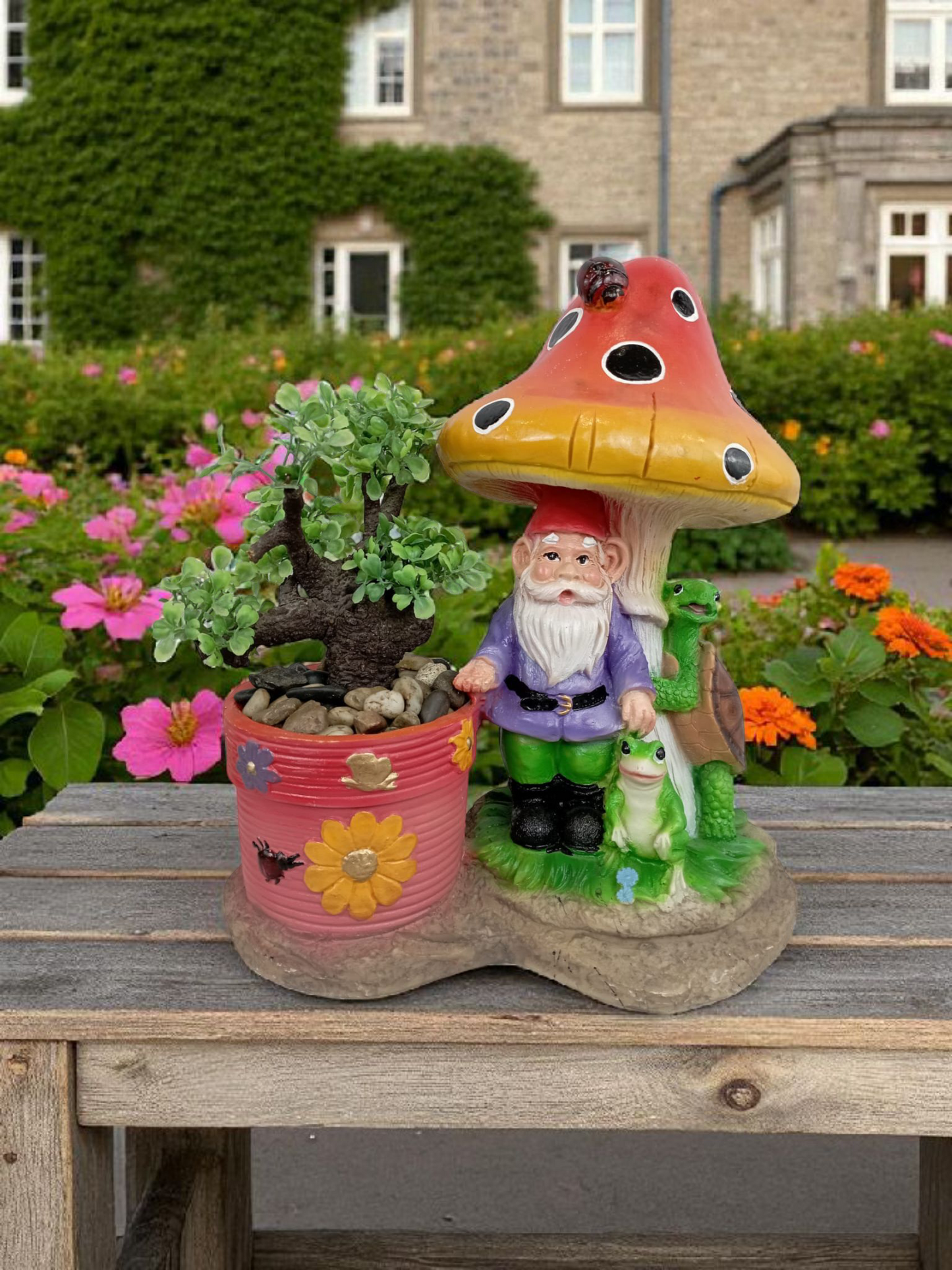 Maceta Decorativa Duende de Jardín con Hongo y Animalitos – Figura Artesanal Fantástica