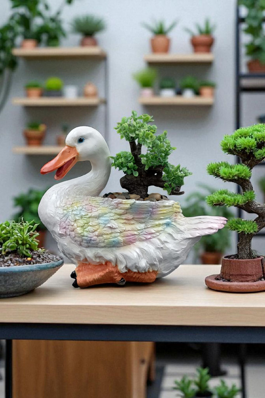 Maceta Decorativa en Forma de Pato de Resina | Figura de Pato Blanco para Jardín, Terraza y Hogar | Adorno Ornamental 23 cm