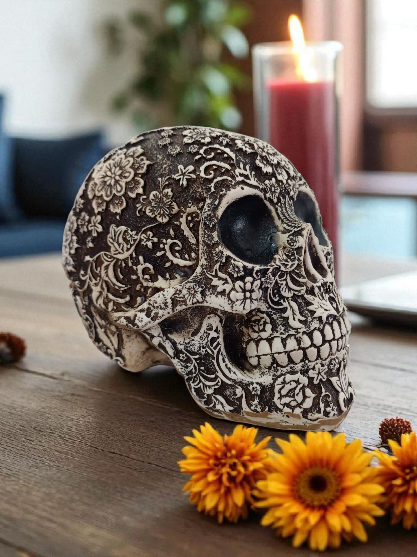 Calavera decorativa cráneo con relieve mexicano para día de muertos decoracion de ofrenda.