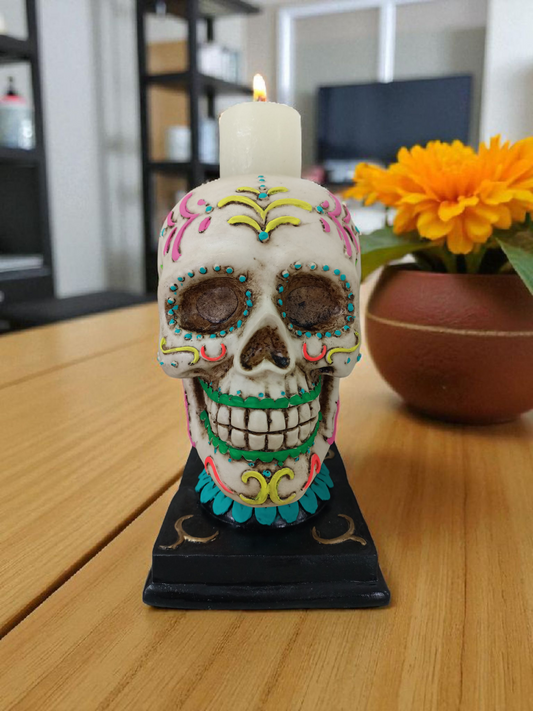 Cráneo decorativo floreado para día de muertos ofrenda porta vela