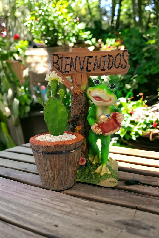 Maceta decorativa con rana y letrero "Bienvenidos" – Ideal para mini plantas