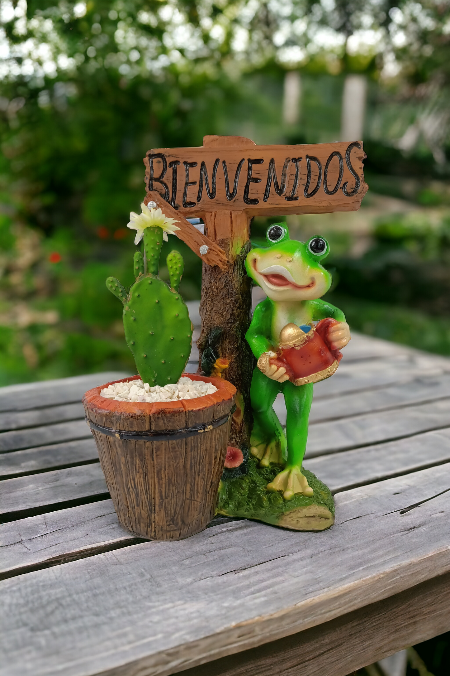 Maceta decorativa con rana y letrero "Bienvenidos" – Ideal para mini plantas