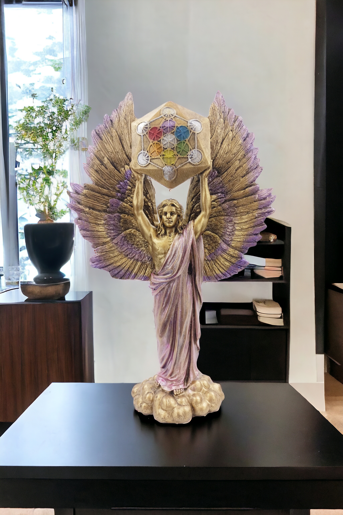 Arcángel Metatrón de 35 cm en Resina - Con Cubo de Metatrón Multicolor