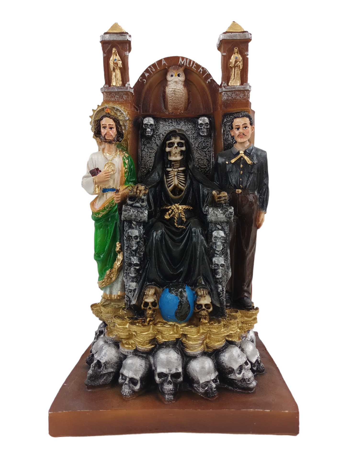 Santa Muerte Triada con San Judas Tadeo y Jesús Malverde – Fuerza, Fe y Protección Total