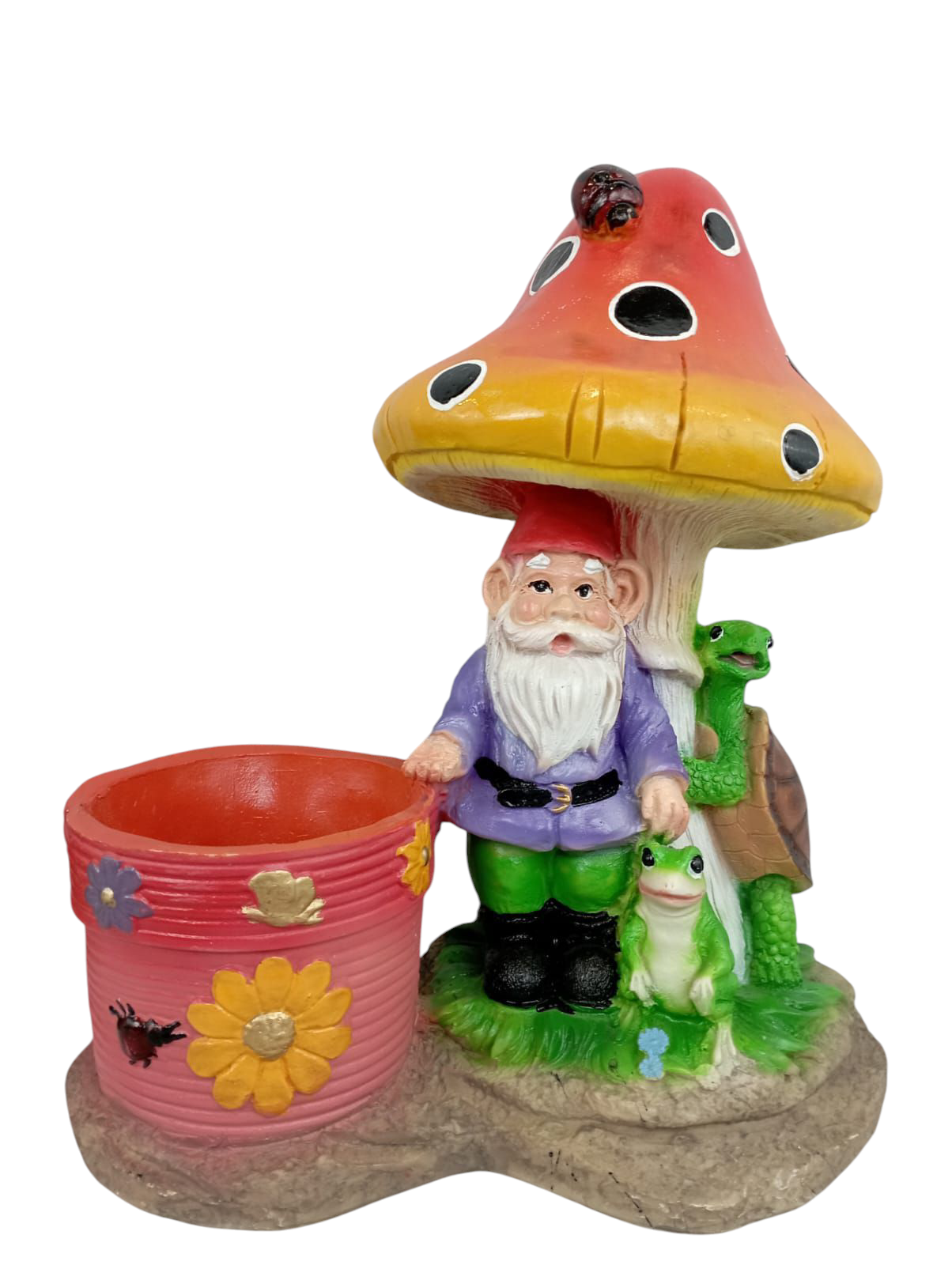 Maceta Decorativa Duende de Jardín con Hongo y Animalitos – Figura Artesanal Fantástica