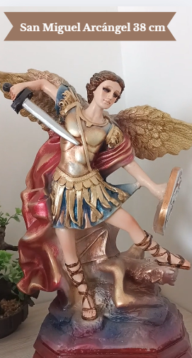 San miguel arcangel 40 cm con escudo acabado metalico brillante