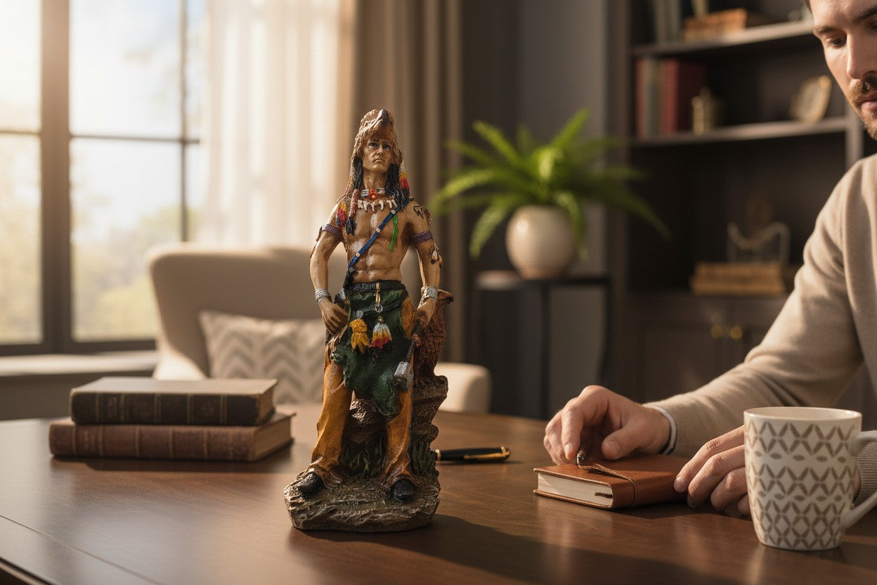 Guerrero Indígena Decorativo en Resina – Figura de Fuerza, Honor y Espíritu Ancestral | 27 cm