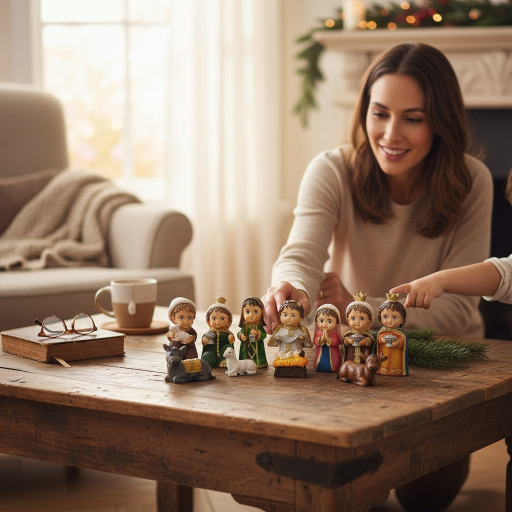 Nacimiento navideño completo infantil 13 cm  mini pequeño. Nacimiento de Belén.