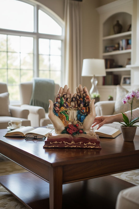 Escultura de la Última Cena Sostenida por las Manos de Dios – Símbolo de Fe y Protección Divina