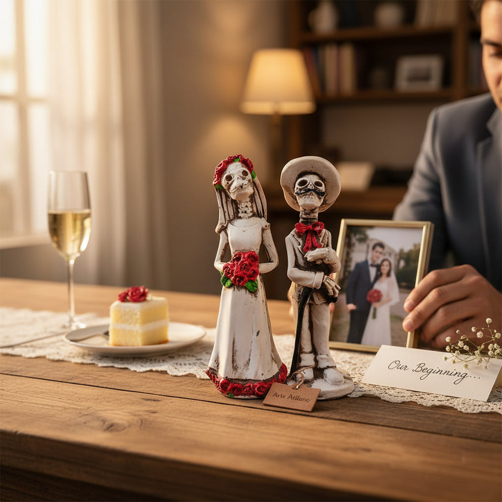 Pareja Mini Catrina y Catrín Decorativos | Figuras Día de Muertos en Resina 11 cm