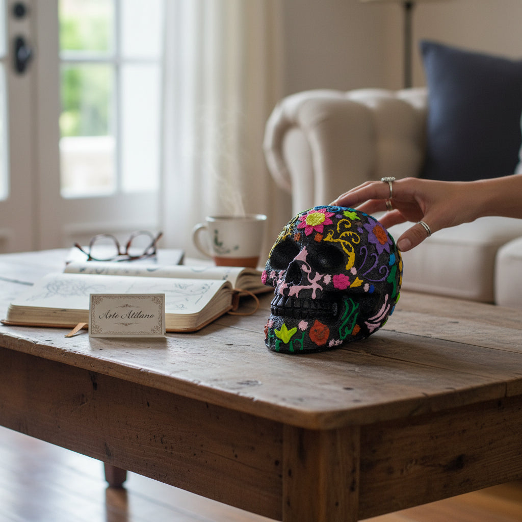 Cráneo Decorativo Día de Muertos Pintado a Mano | Arte Mexicano en Resina 13 cm