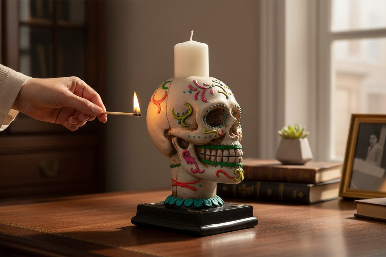 Cráneo decorativo floreado para día de muertos ofrenda porta vela