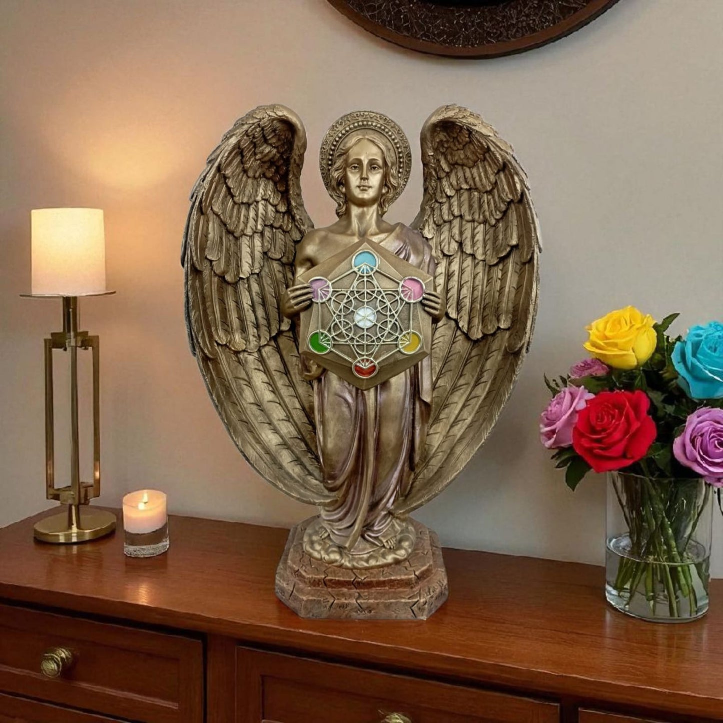 Arcángel Metatrón con Cubo Sagrado – Escultura Espiritual de Resina Grande | Protección, Energía y Geometría Sagrada