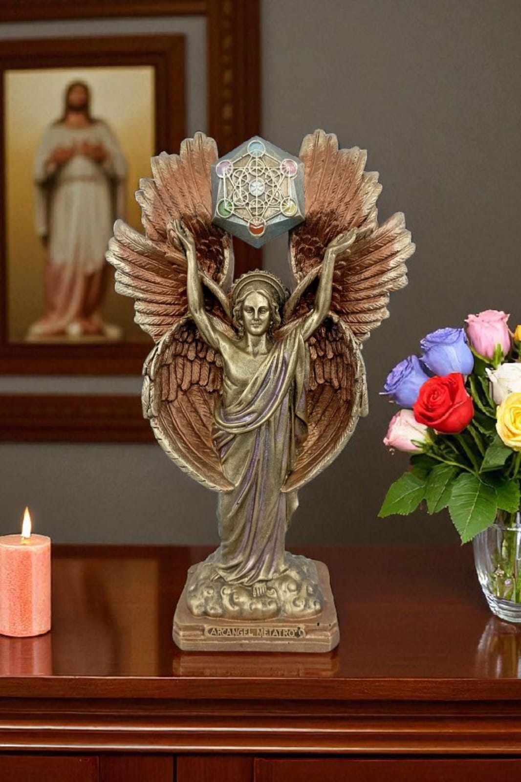 Arcángel Metatrón con Cubo de Metatrón – Figura Espiritual de Resina 30 cm | Protección, Energía y Geometría Sagrada