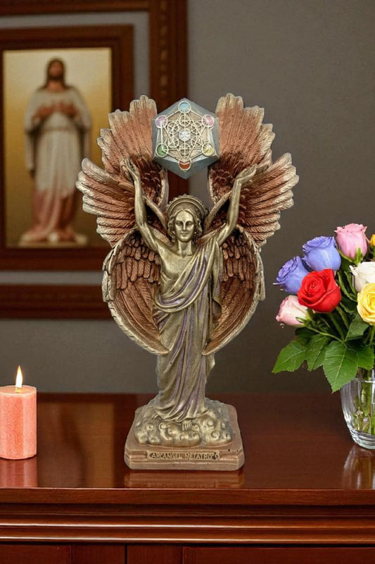 Arcángel Metatrón con Cubo de Metatrón – Figura Espiritual de Resina 30 cm | Protección, Energía y Geometría Sagrada