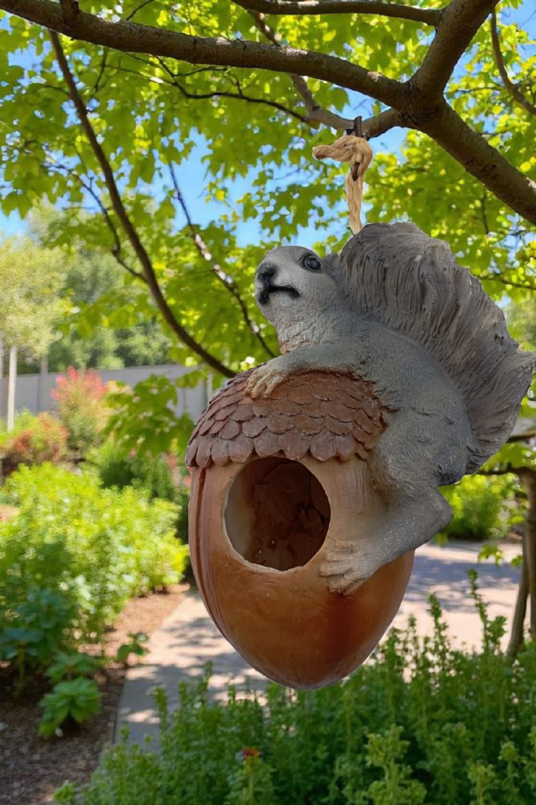 Ardilla Decorativa Colgante para pájaros | Plantas – Figura de Resina 20 cm | Adorno Rústico para Jardín y Exterior