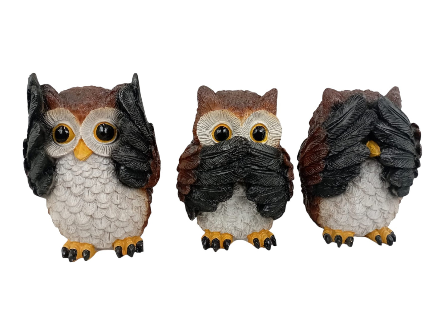 Set de Búhos Sabios Decorativos de Resina – Figuras “No veo, No oigo, No hablo”
