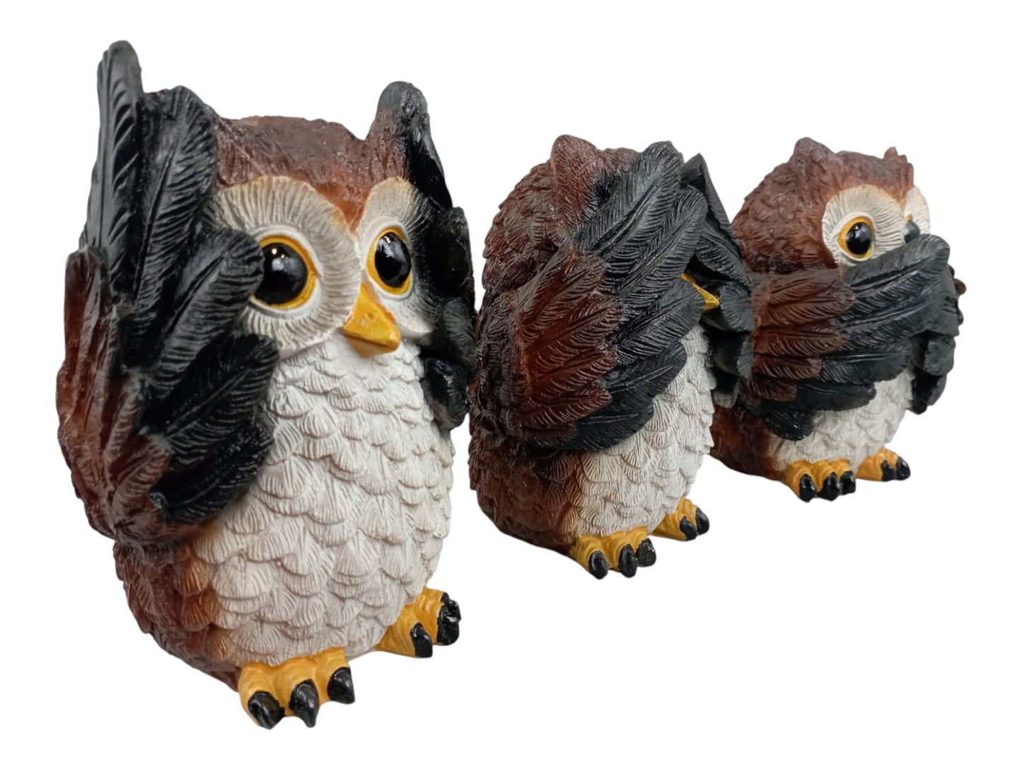 Set de Búhos Sabios Decorativos de Resina – Figuras “No veo, No oigo, No hablo”