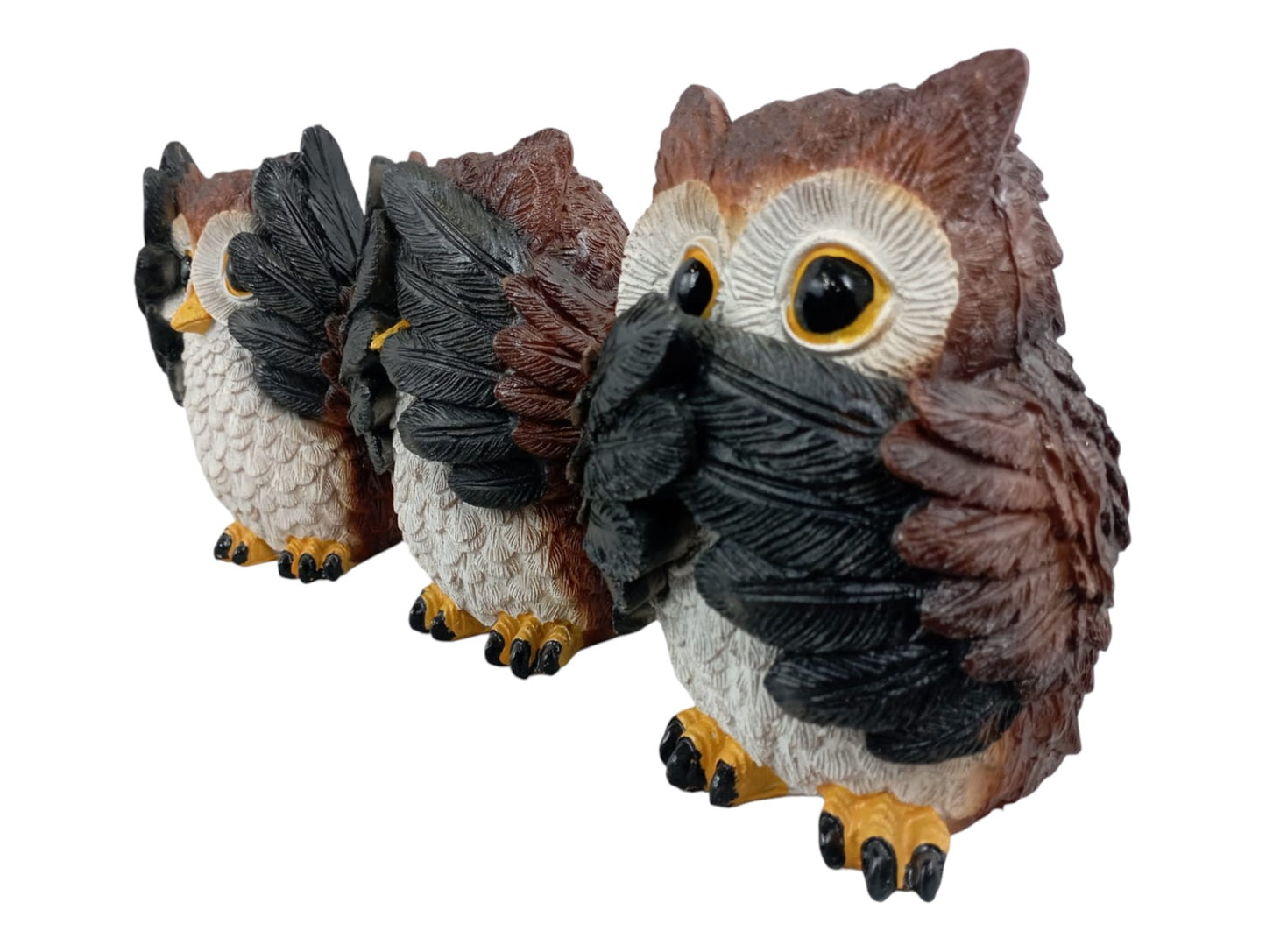 Set de Búhos Sabios Decorativos de Resina – Figuras “No veo, No oigo, No hablo”
