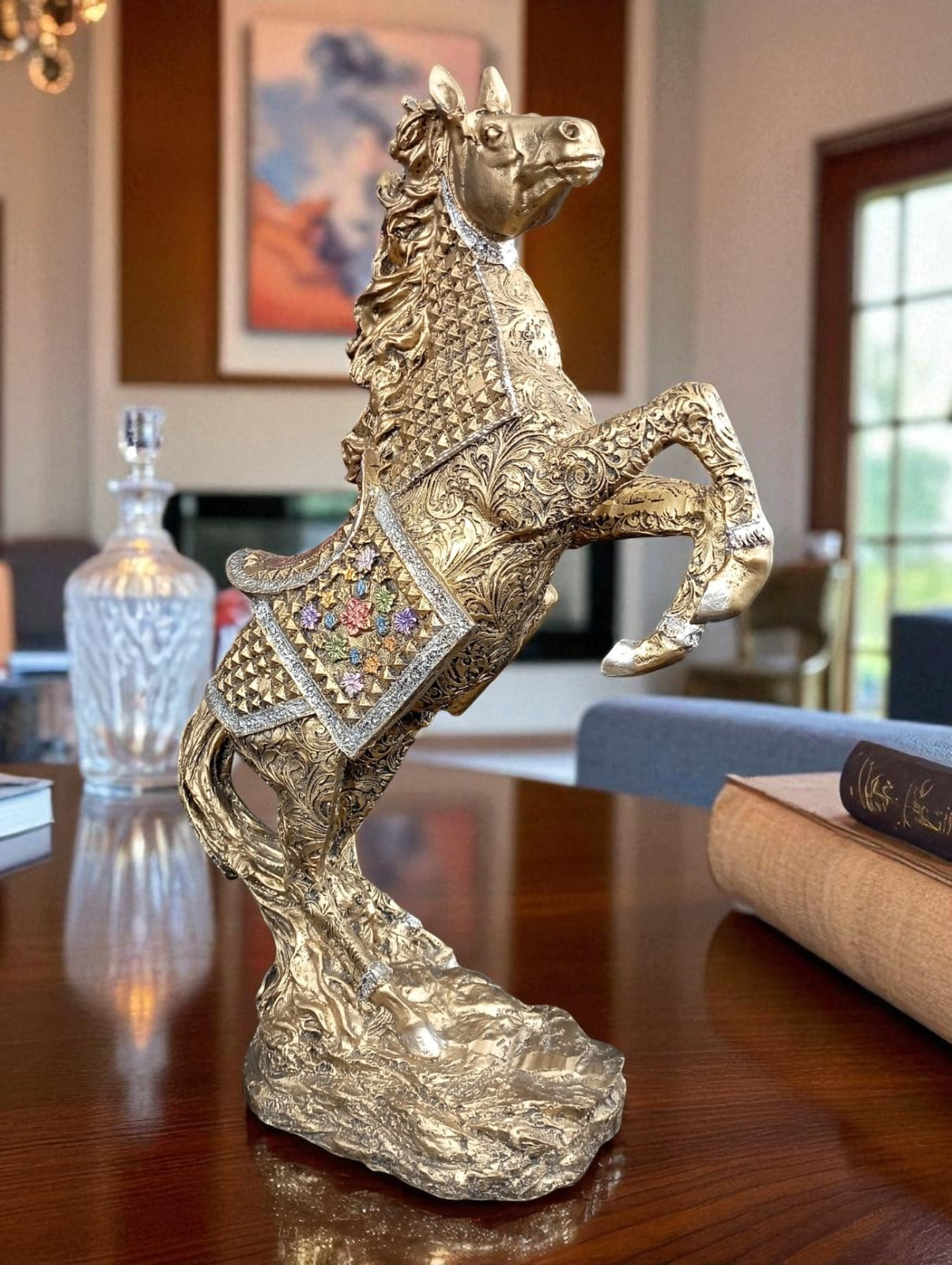 Caballo Decorativo Dorado | Escultura de Caballo en Resina para Decoración Elegante
