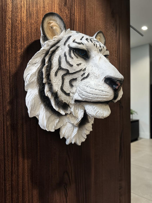 Cabeza de Tigre Blanco Decorativa de Resina 35 cm | Escultura de Pared Realista para Hogar, Oficina y Sala