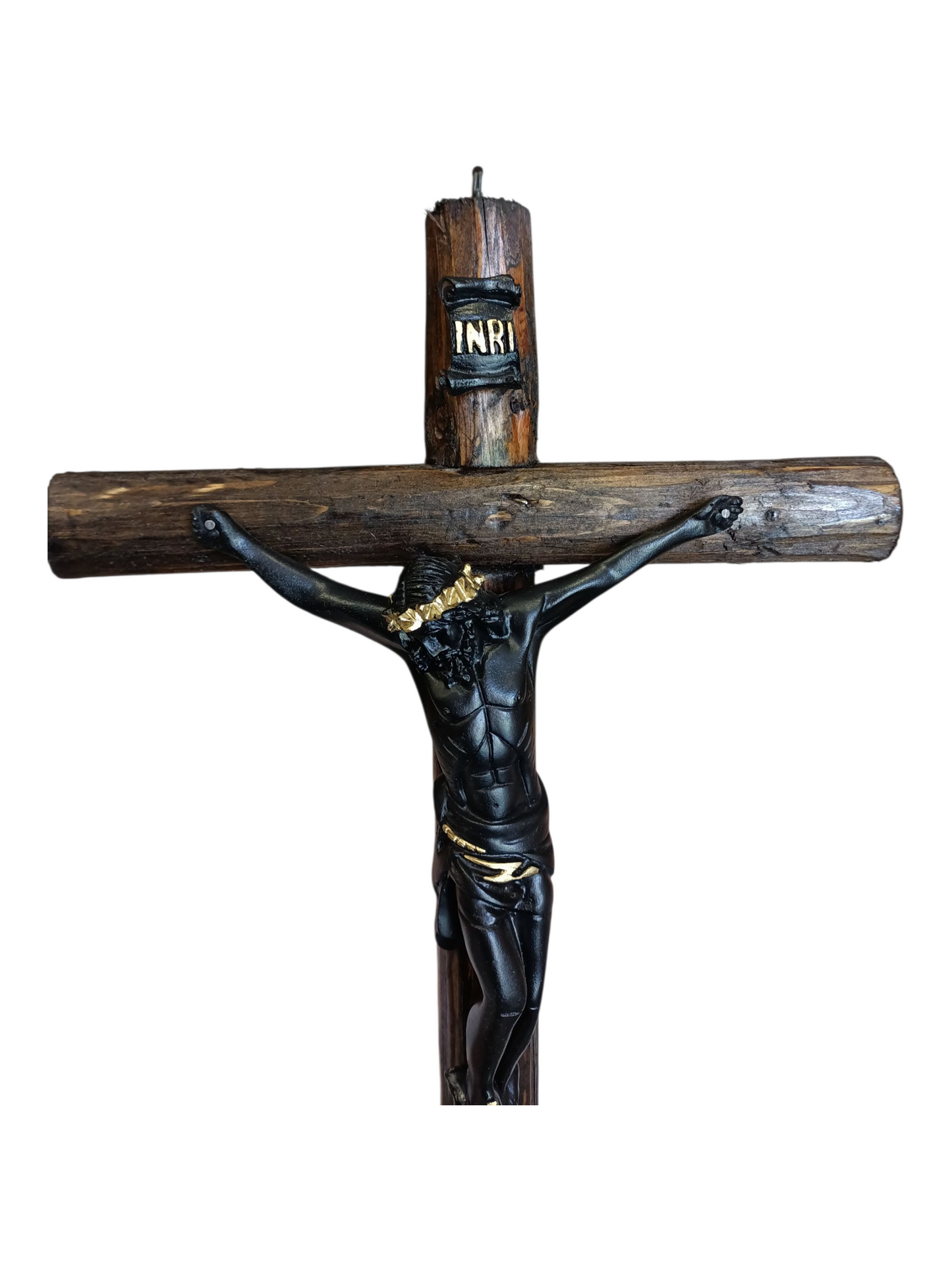 Cristo de Esquipulas en Cruz de Tronco Natural 50 cm | Crucifijo del veneno| Artesanal Religioso de Resina para Altar y Hogar| Cristo negro.