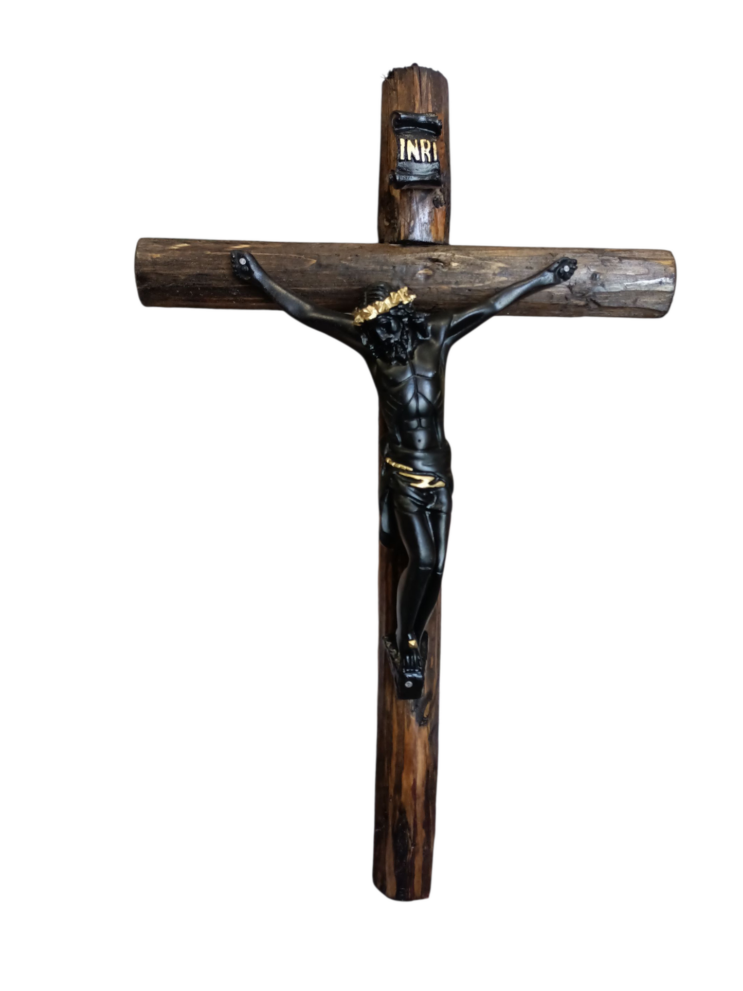 Cristo de Esquipulas en Cruz de Tronco Natural 50 cm | Crucifijo del veneno| Artesanal Religioso de Resina para Altar y Hogar| Cristo negro.