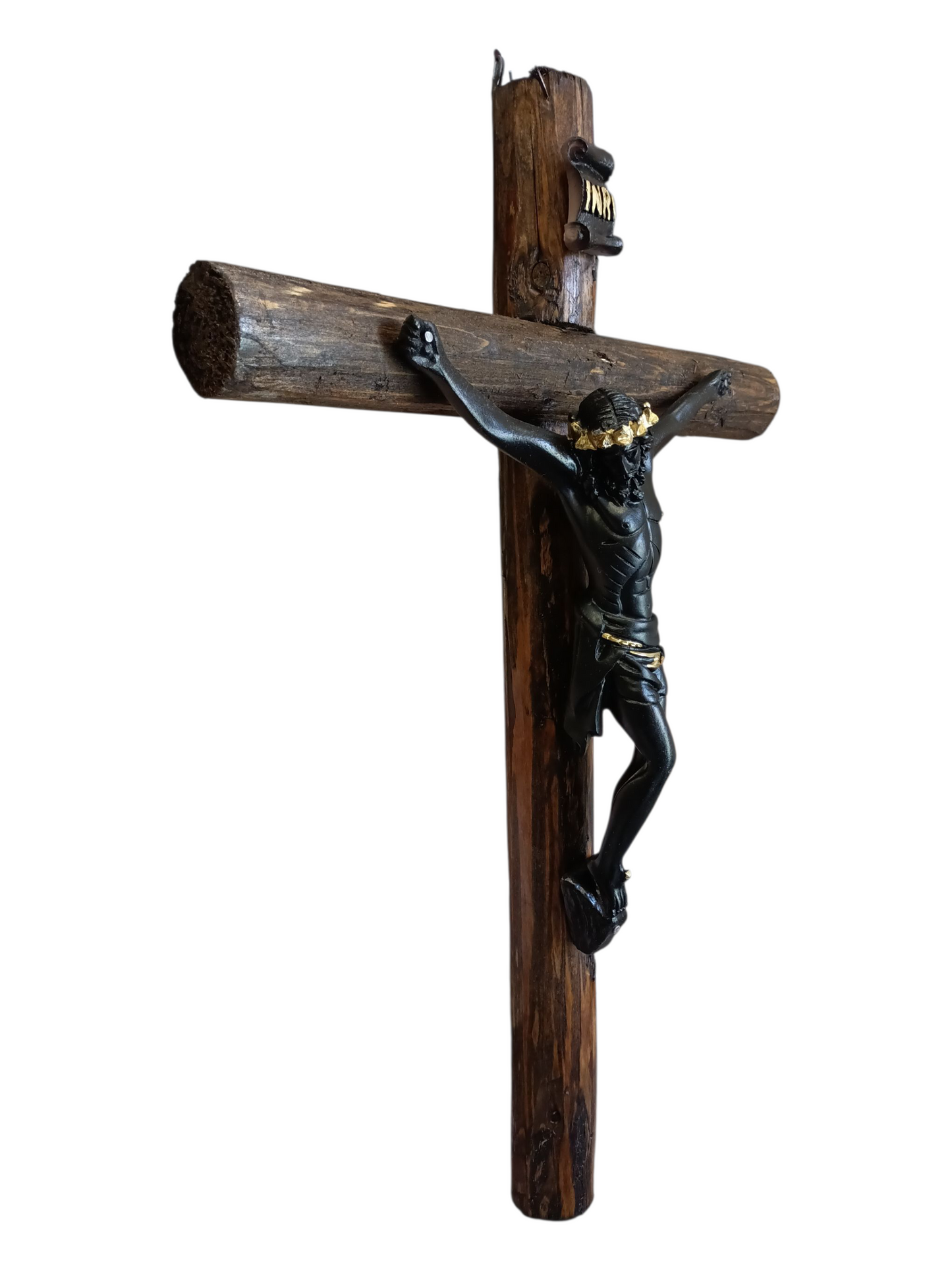 Cristo de Esquipulas en Cruz de Tronco Natural 50 cm | Crucifijo del veneno| Artesanal Religioso de Resina para Altar y Hogar| Cristo negro.