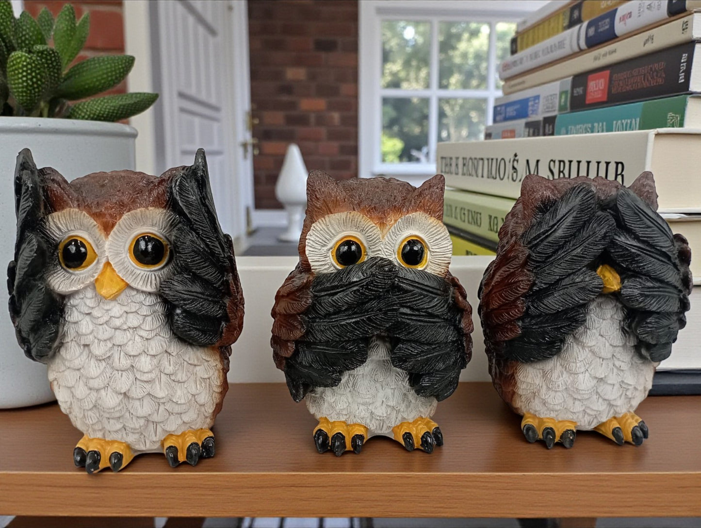 Set de Búhos Sabios Decorativos de Resina – Figuras “No veo, No oigo, No hablo”