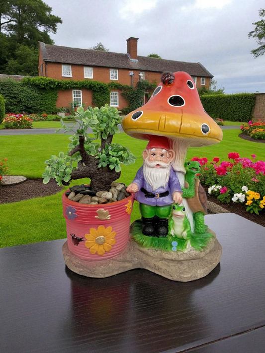 Maceta Decorativa Duende de Jardín con Hongo y Animalitos – Figura Artesanal Fantástica