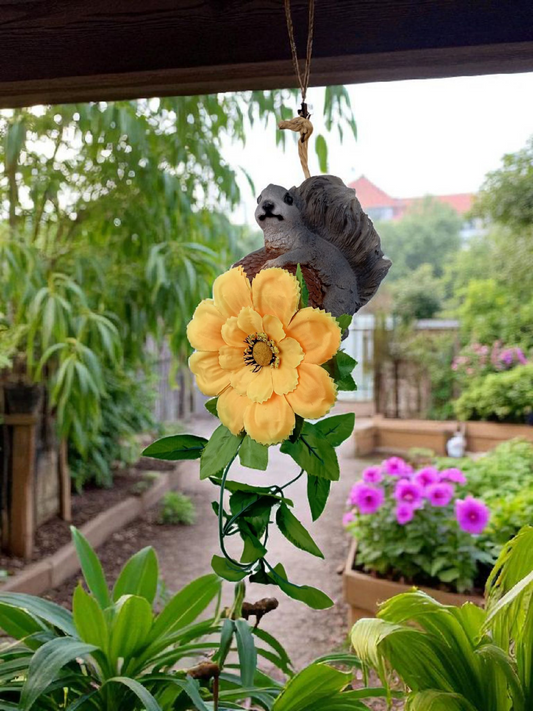 Ardilla Decorativa Colgante para pájaros | Plantas – Figura de Resina 20 cm | Adorno Rústico para Jardín y Exterior