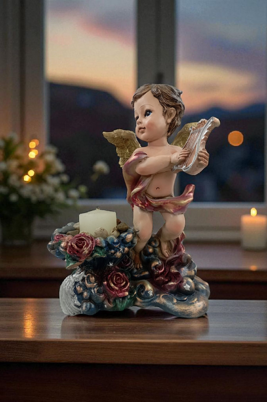 Ángel Portavelas de Resina Decorativo | Figura Angelito con Lira y Base Floral | Adorno Espiritual para Hogar, Altares y Regalo Religioso