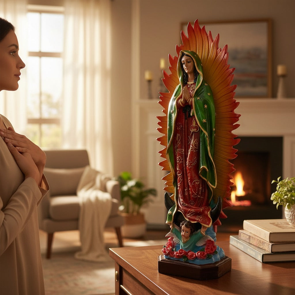 Figura Religiosa Artesanal, Imagen Católica Grande, Virgen de Guadalupe 45 cm, Escultura para Altar