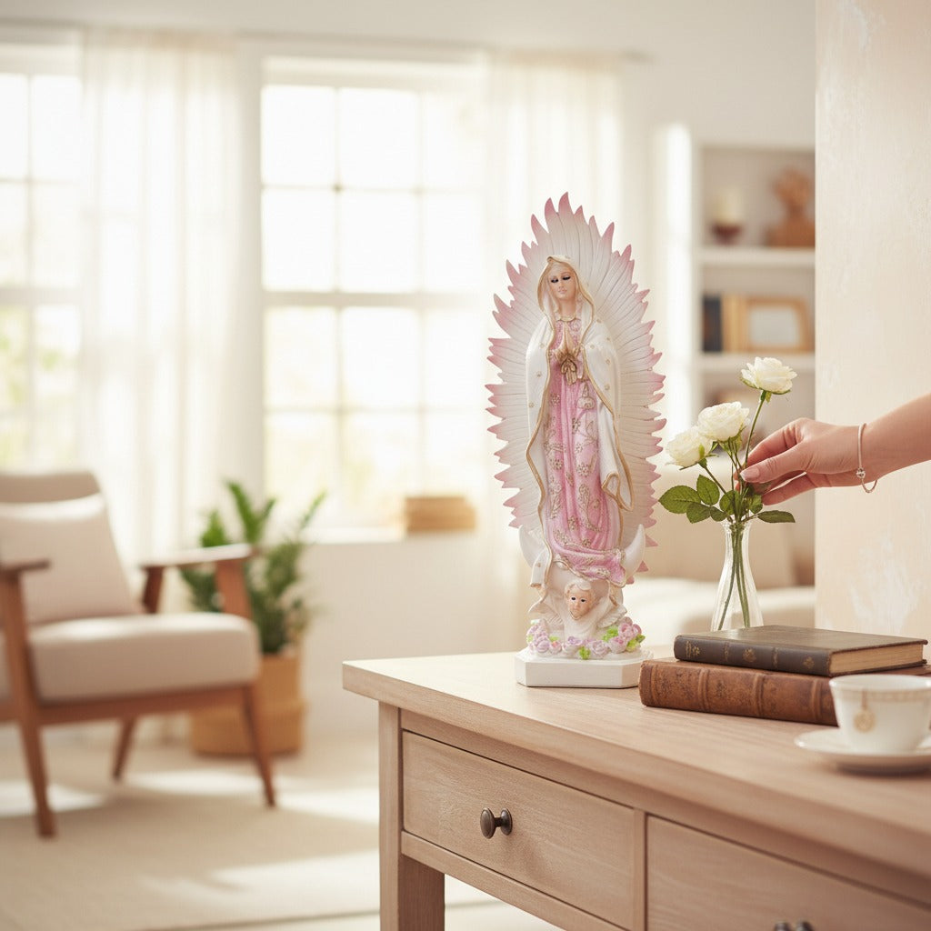 Figura Religiosa Artesanal, Imagen Católica Grande, Virgen de Guadalupe 45 cm, Escultura para Altar