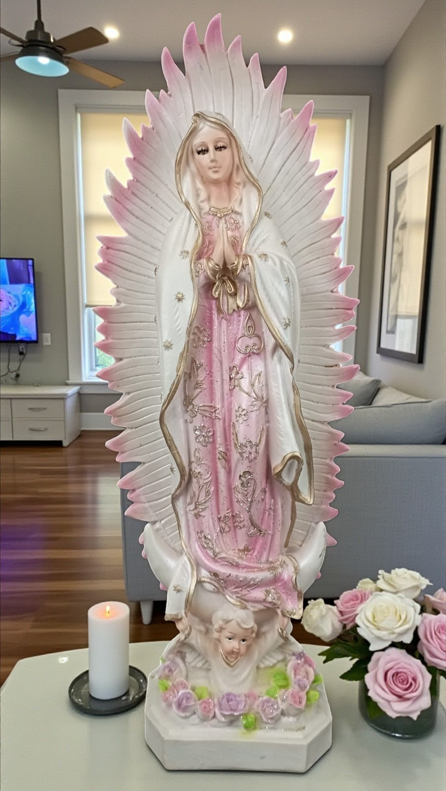 Figura Religiosa Artesanal, Imagen Católica Grande, Virgen de Guadalupe 45 cm, Escultura para Altar