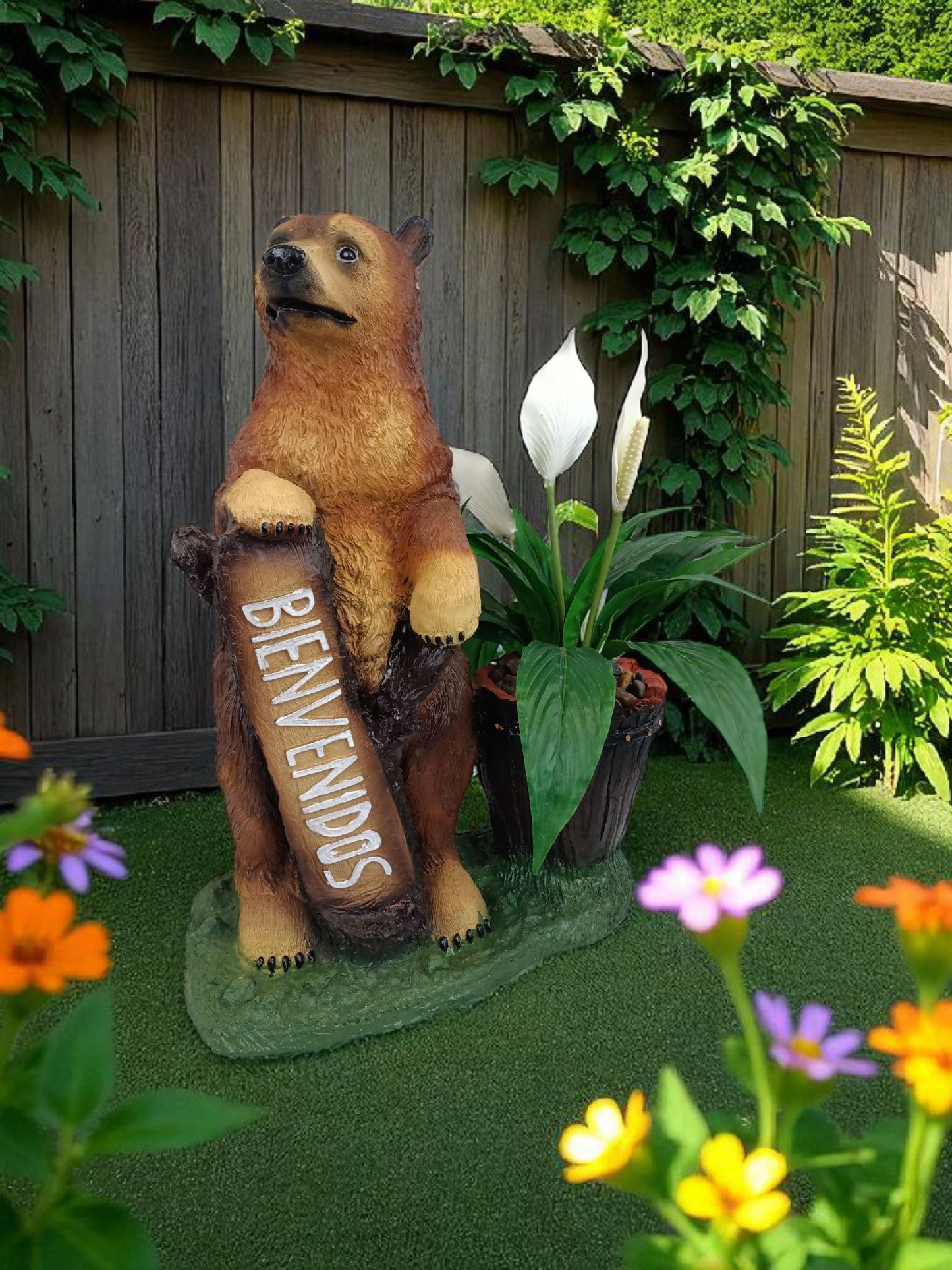 Oso Decorativo “Bienvenidos” y Maceta para Jardín