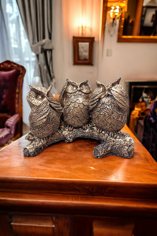 Decoración de Tres Búhos Sabios Virtudes, Estatua Figuras Decorativa para el Hogar (Dorado)