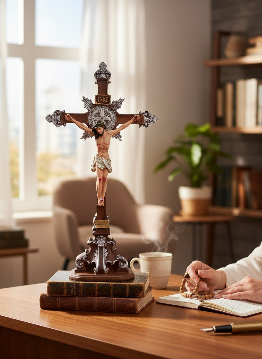 Cristo con Medalla de San Benito 50 cm | Protección Divina y Fe Inquebrantable