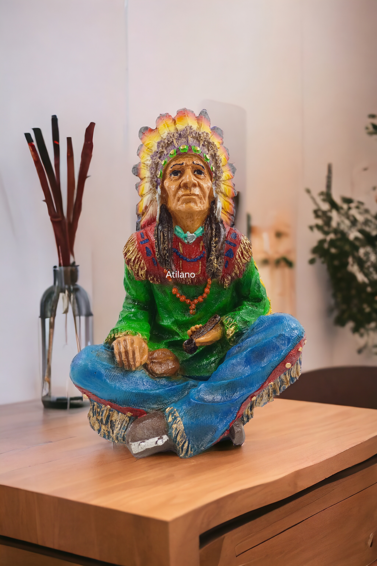 indio Gerónimo con pipa en mano nativo americano resina escultura