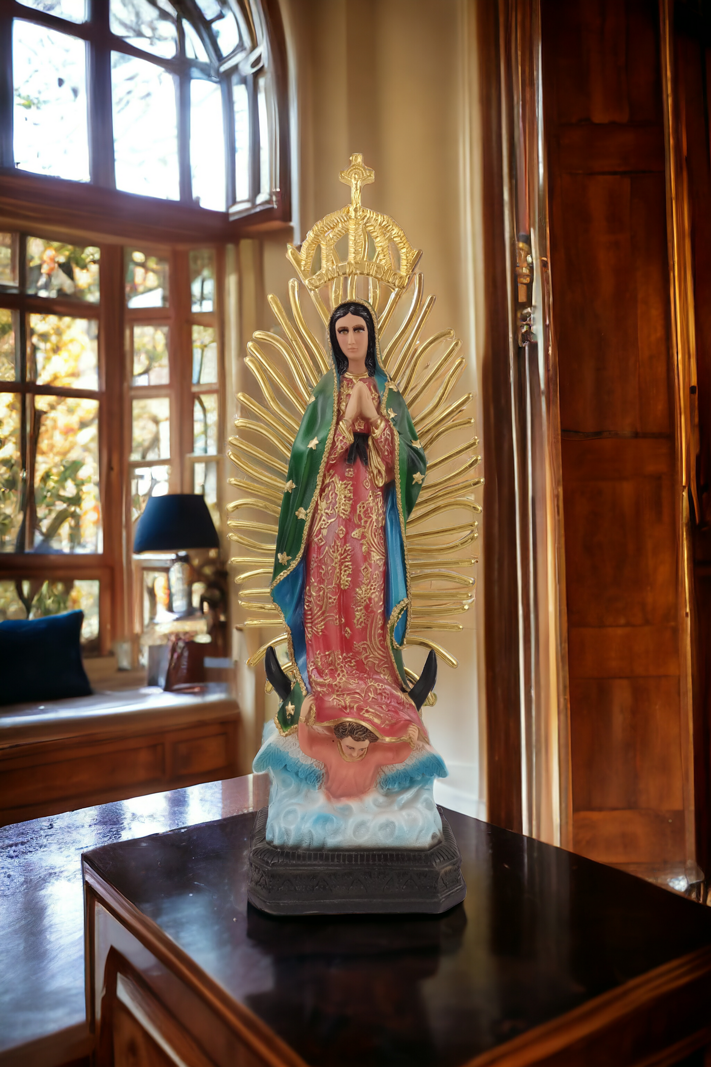 Virgen de Guadalupe de Resina, 50 cm de Altura, con Resplandor, Acabado Tradicional