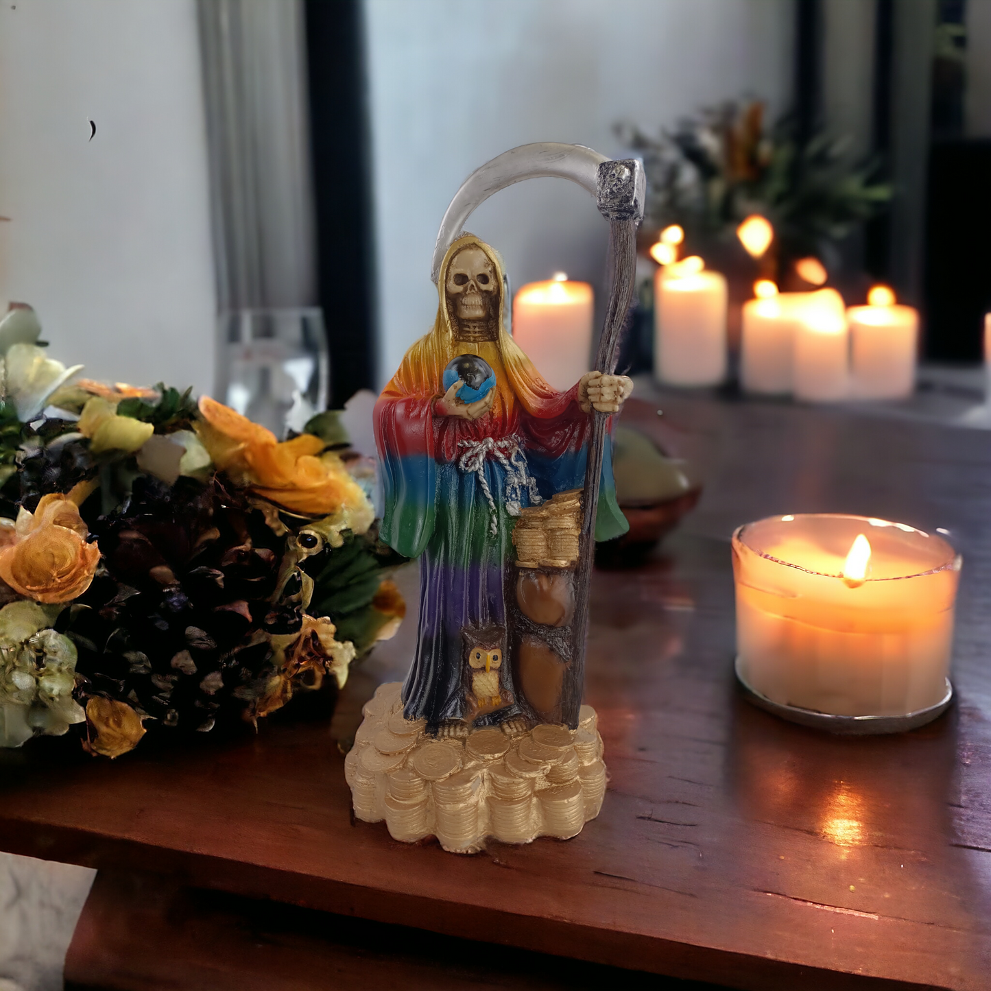 Santa muerte de las 7 siete potencias en resina curada activada escultura niña blanca