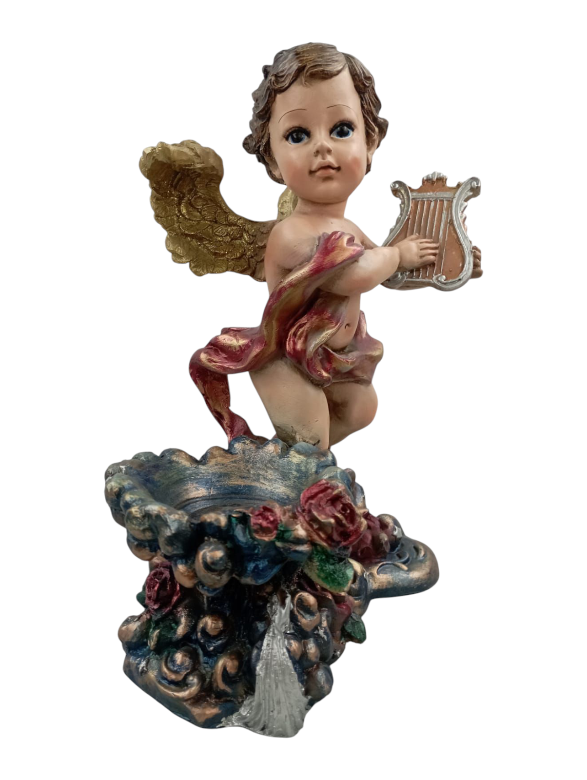 Ángel Portavelas de Resina Decorativo | Figura Angelito con Lira y Base Floral | Adorno Espiritual para Hogar, Altares y Regalo Religioso