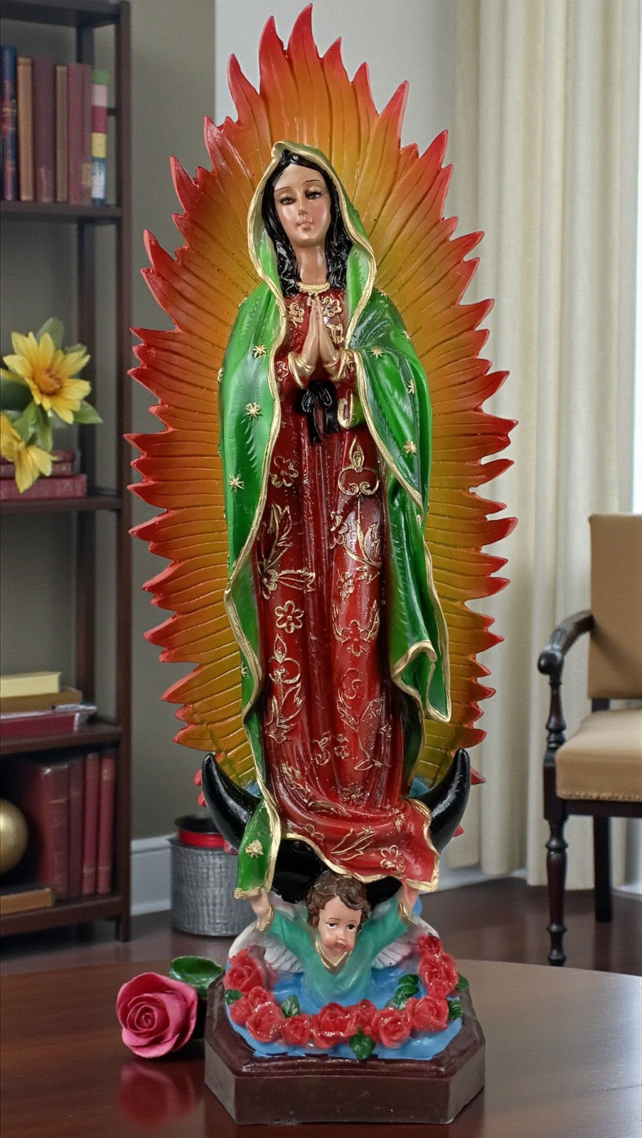 Figura Religiosa Artesanal, Imagen Católica Grande, Virgen de Guadalupe 45 cm, Escultura para Altar