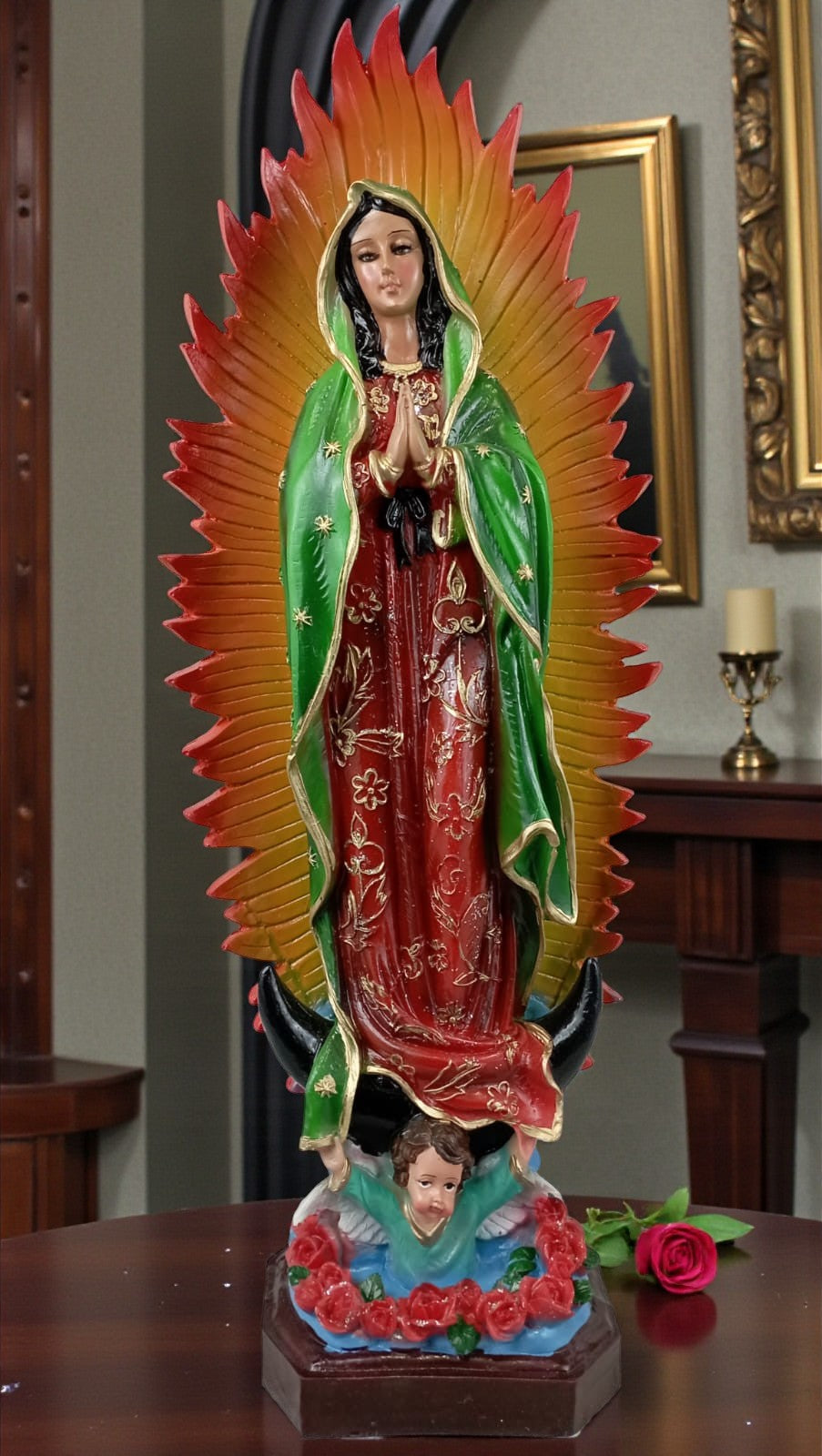 Figura Religiosa Artesanal, Imagen Católica Grande, Virgen de Guadalupe 45 cm, Escultura para Altar