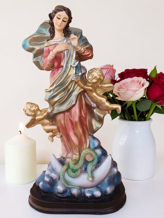 Virgen Desatanudos de resina 30 cm con ojos de cristal – Imagen religiosa católica para altar o decoración espiritual