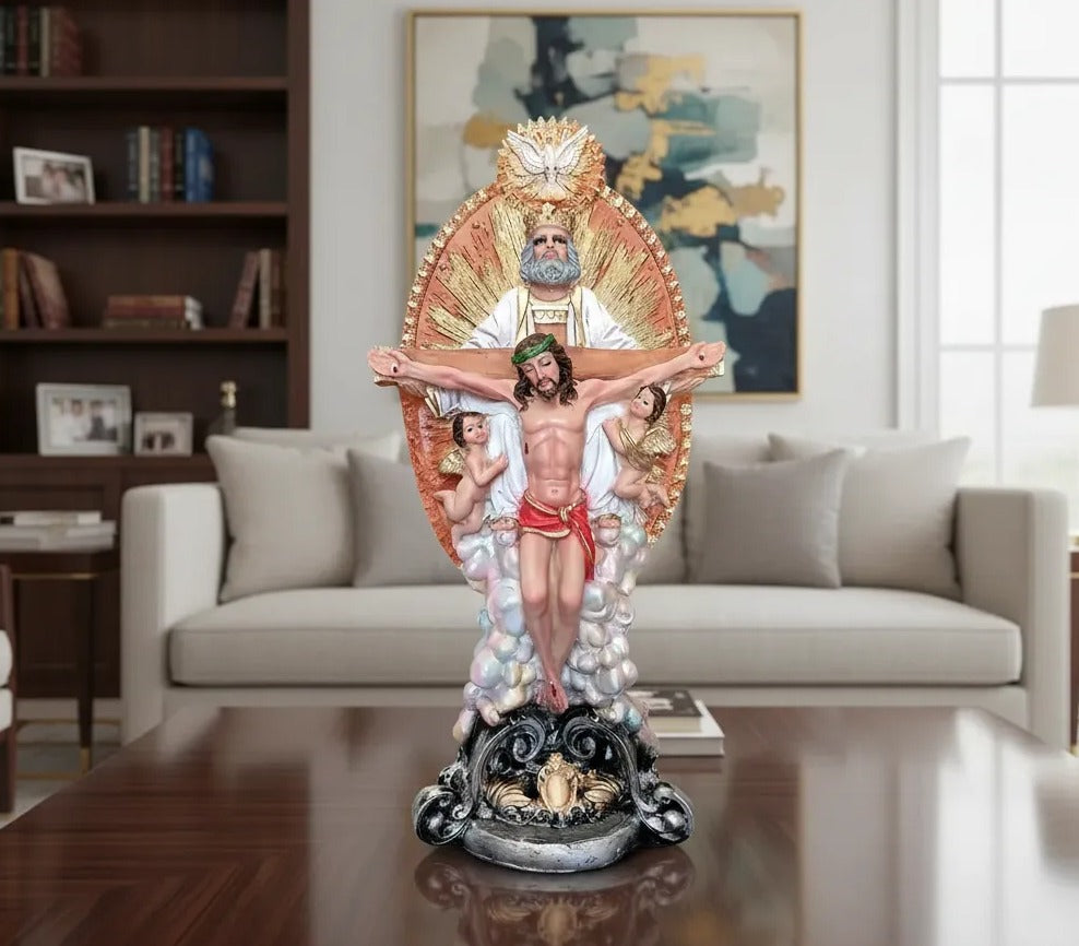 Escultura de la Santísima Trinidad, divina providencia. Cristo trinitario. Escultura Santísima Trinidad de Resina 52 cm | Imagen Religiosa Católica de Dios Padre, Jesucristo y Espíritu Santo | Decoración para Altar y Hogar