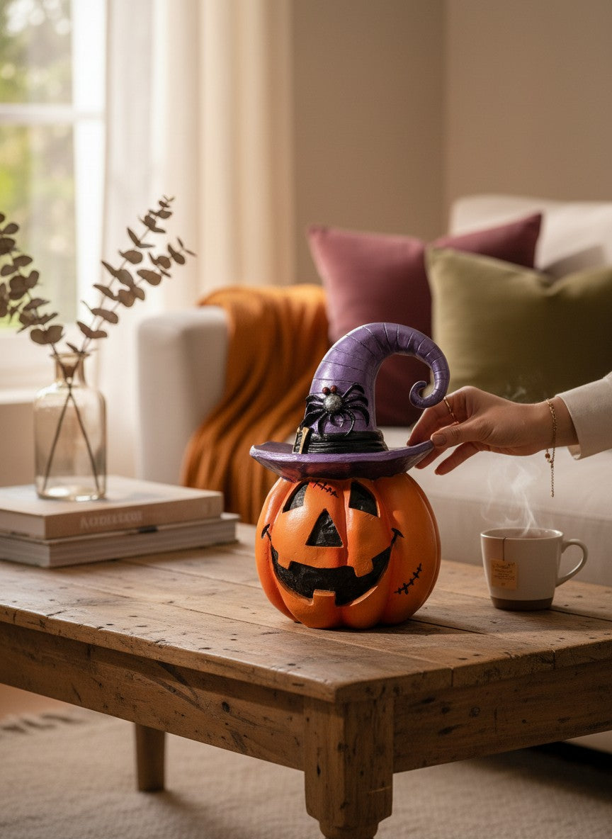 Calabaza Decorativa de Halloween con Sombrero de Bruja