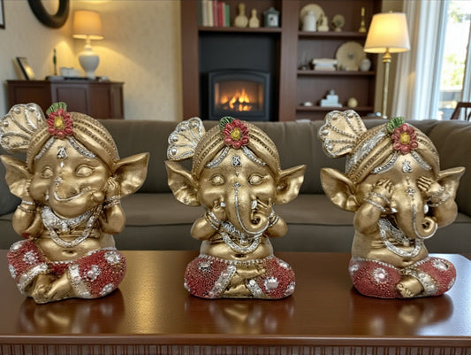 Trío Bebé Ganesh Decorativo | Figuras Espirituales en Resina Estilo Hindú